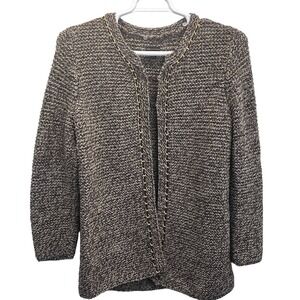 Dana Buchman Open Front Cardigan Sweater Gold Chain Trim Metallic Brown Black L